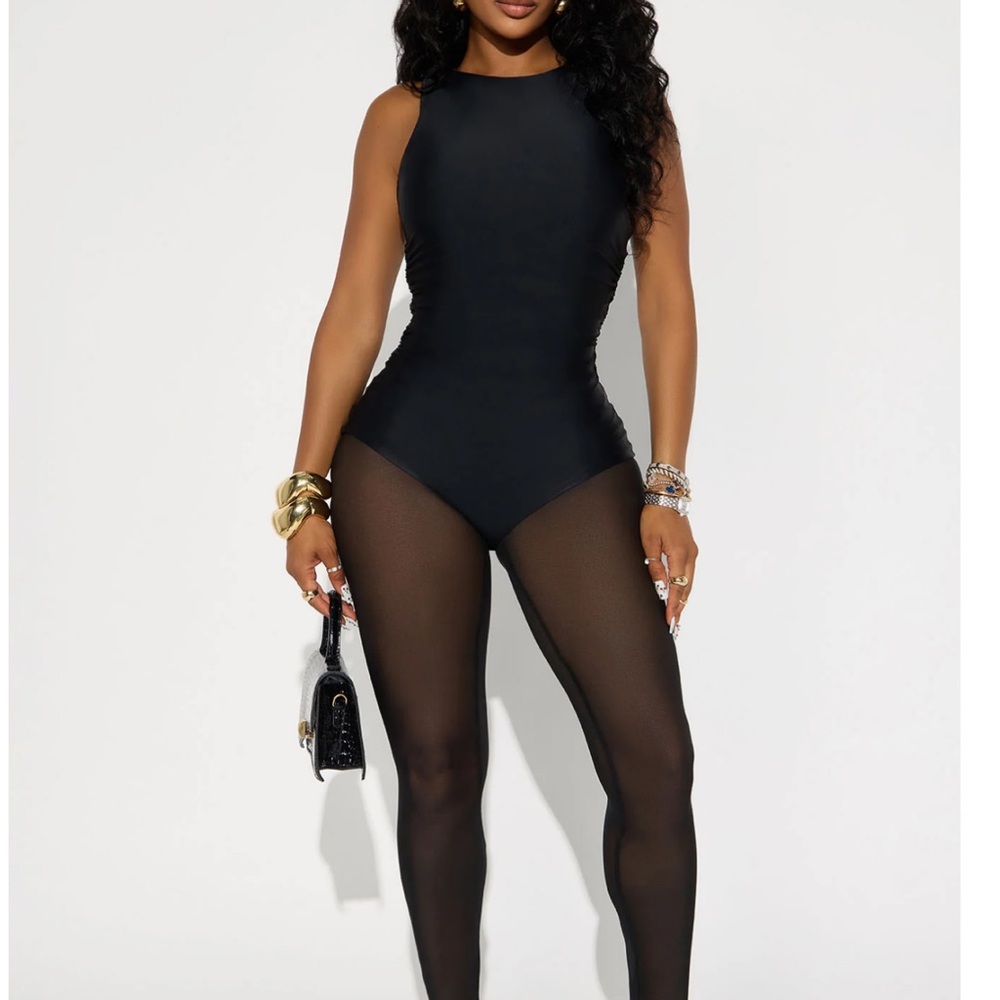 Black Sleeveless Bodysuit with Sheer Tights